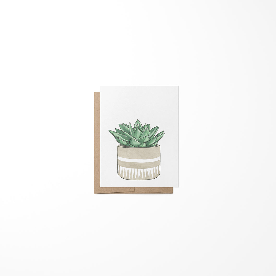 Small greeting card featuring a succulent cactus plant in a pot with a brown Kraft envelope