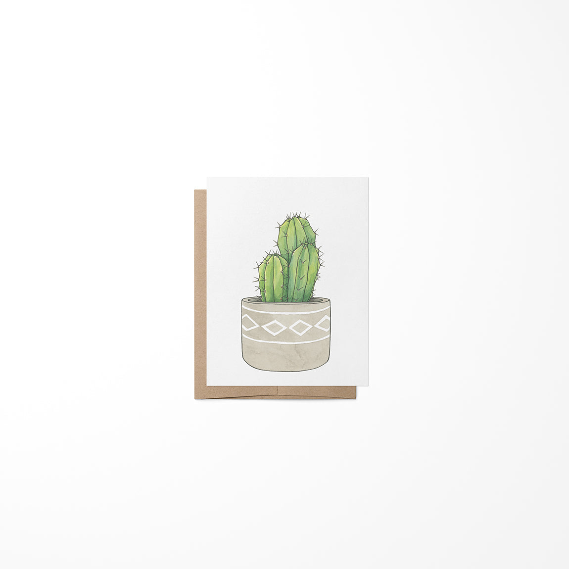 A greeting card featuring a drawing of a tall cactus in a pot, with a plain background.