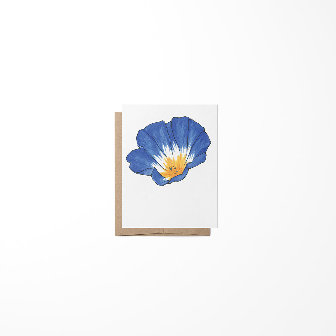 A greeting card featuring a morning glory flower painting on the front, with a Kraft envelope.