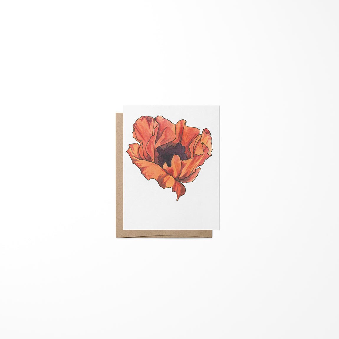 A greeting card featuring a colorful poppy flower painting by Heather S Vitticore, presented on a white background.