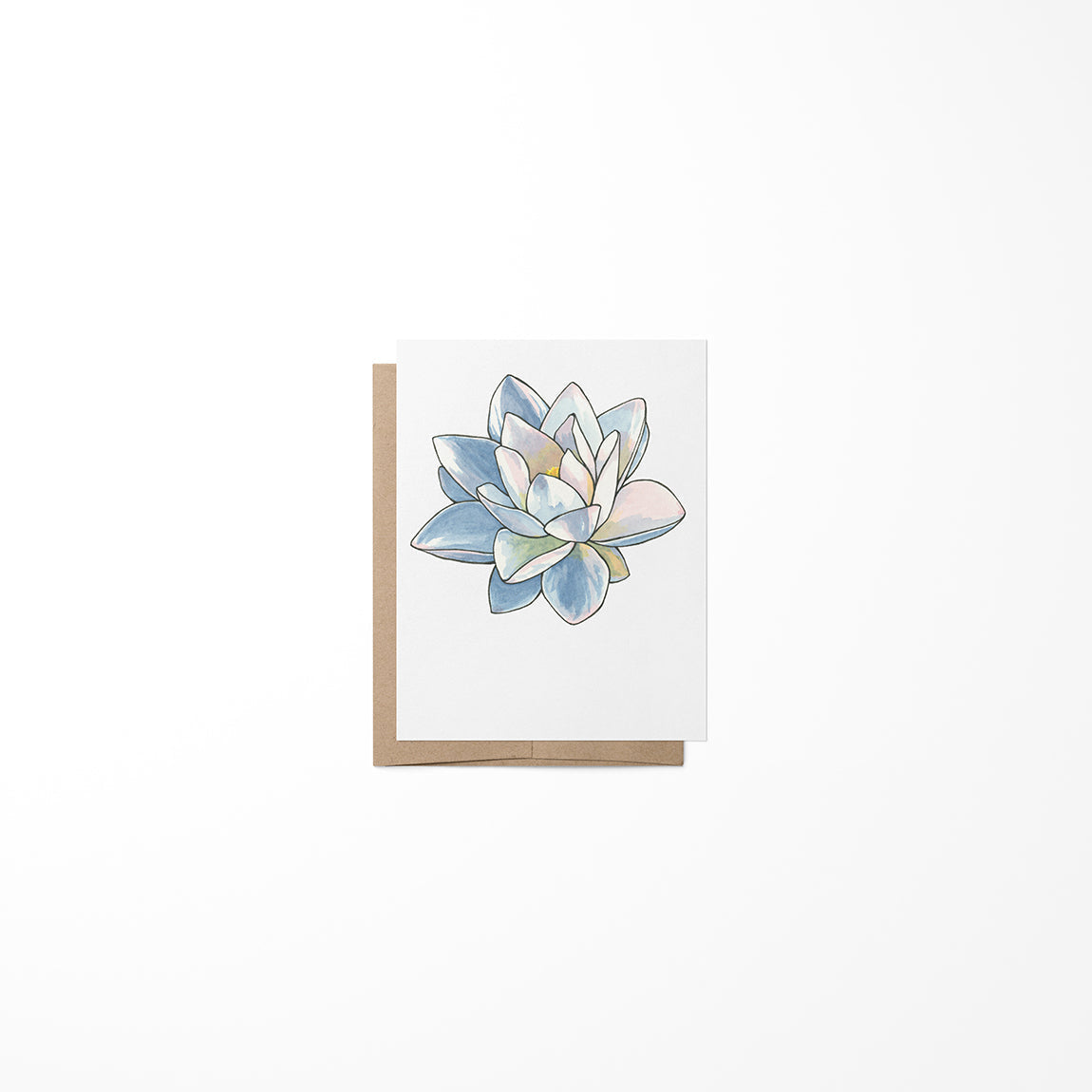 A greeting card featuring a colorful lotus flower painting on the front, with a Kraft envelope on the left side.