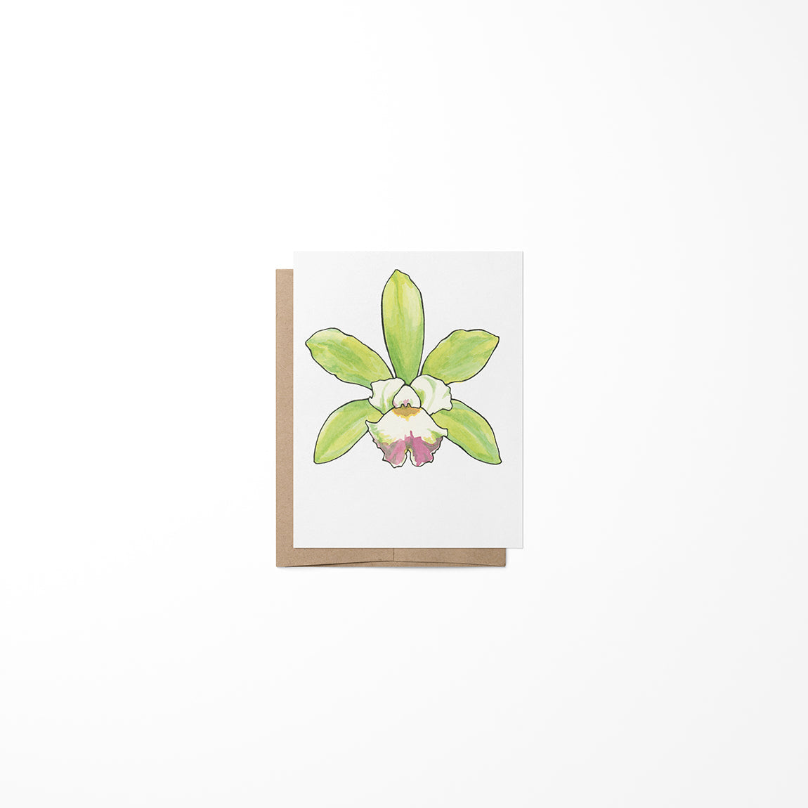 A greeting card featuring a colorful orchid flower painting on the front cover, with a blank inside for a message, made from recycled paper.