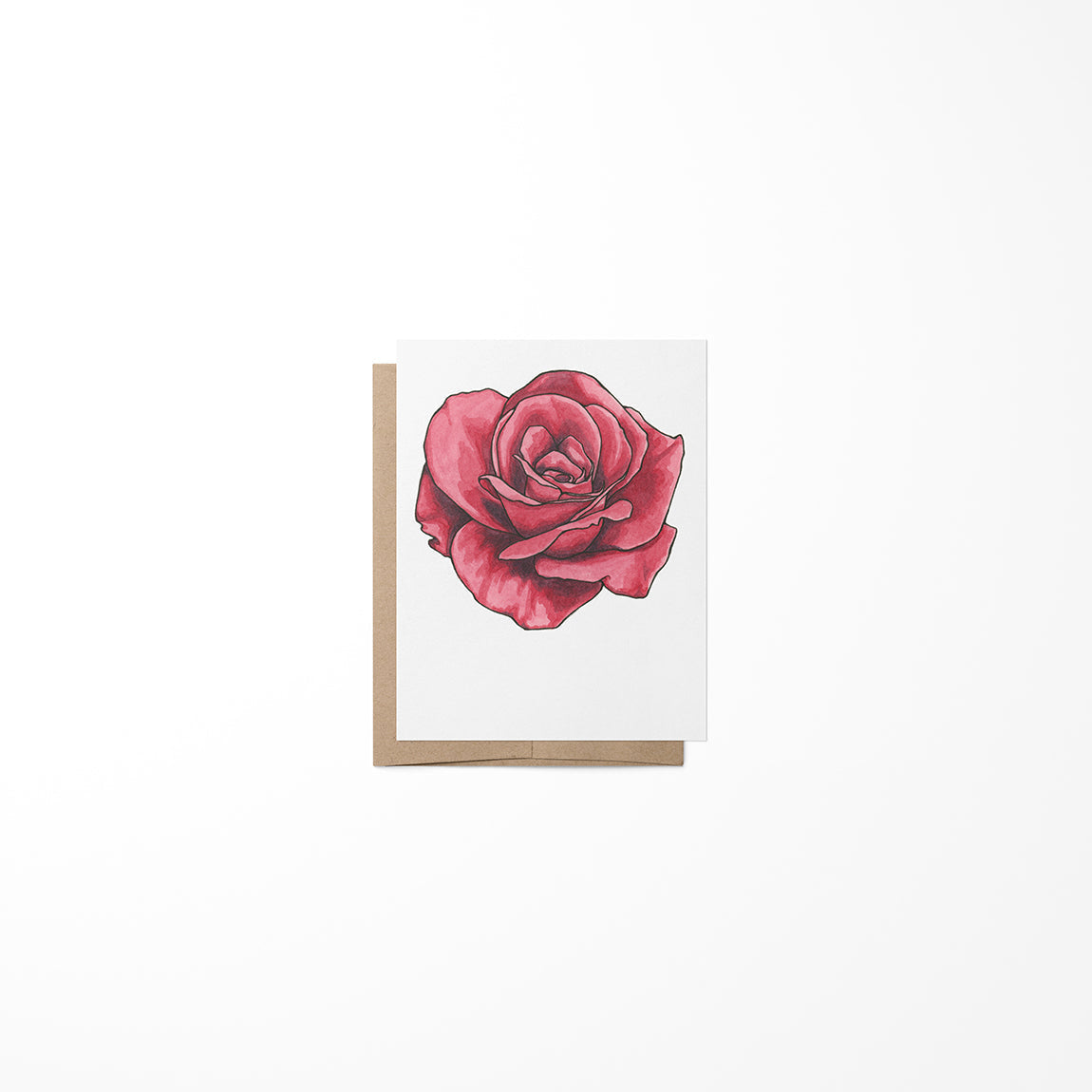 A greeting card with a drawing of a pink rose on it, presented against a white background.