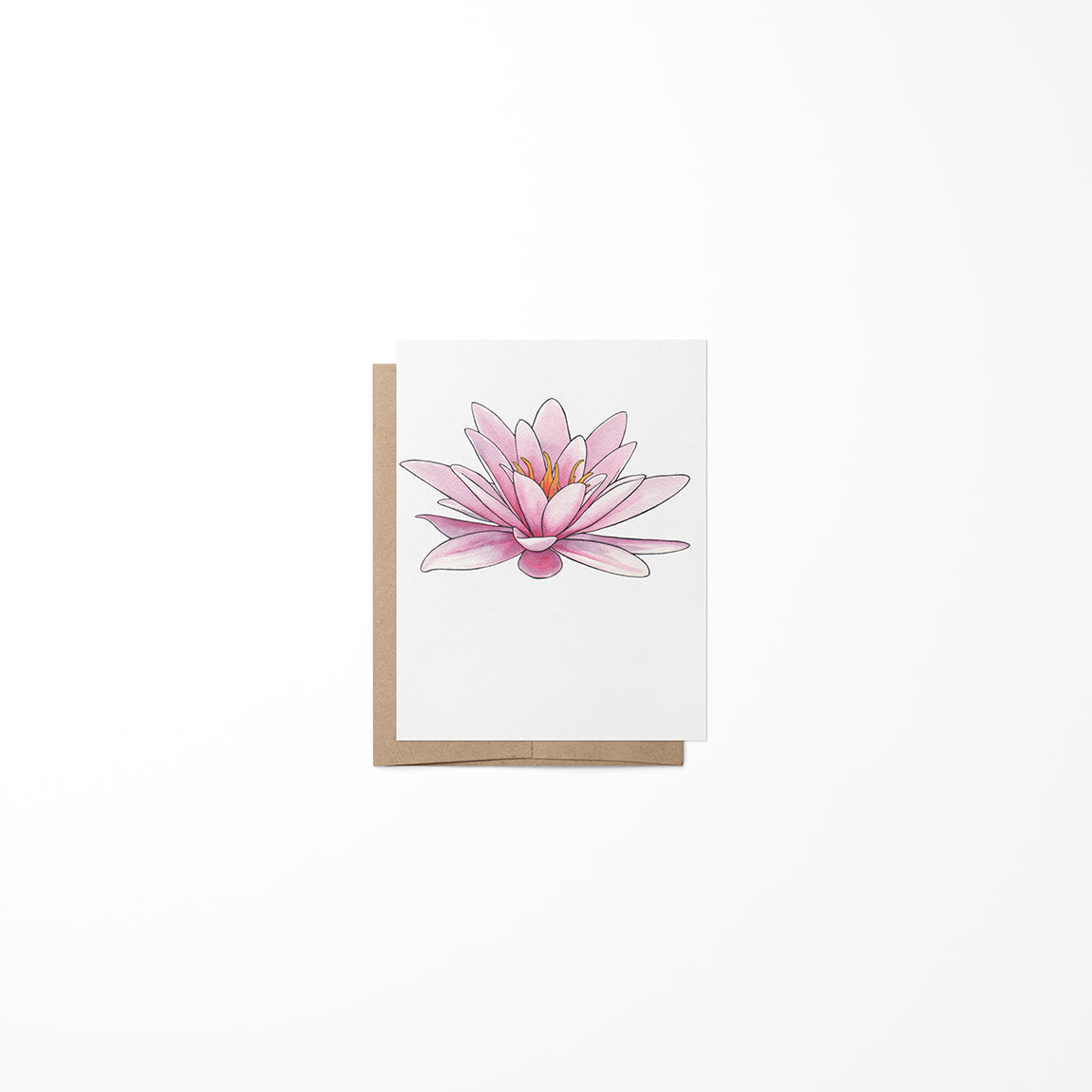 A greeting card featuring a color illustration of a lily flower on the front, with a blank inside for a message, presented against a white background.