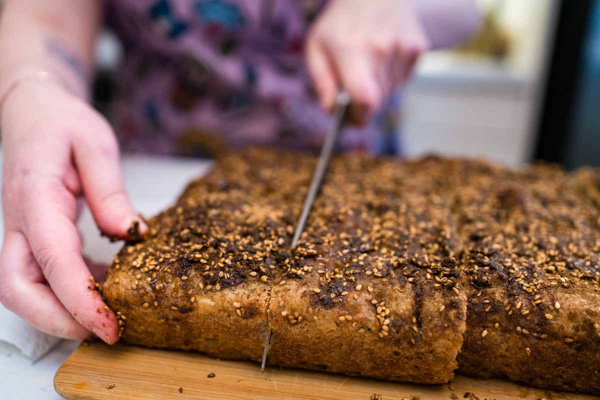 Zaatar focaccia bread with pomegranate molasses drizzle