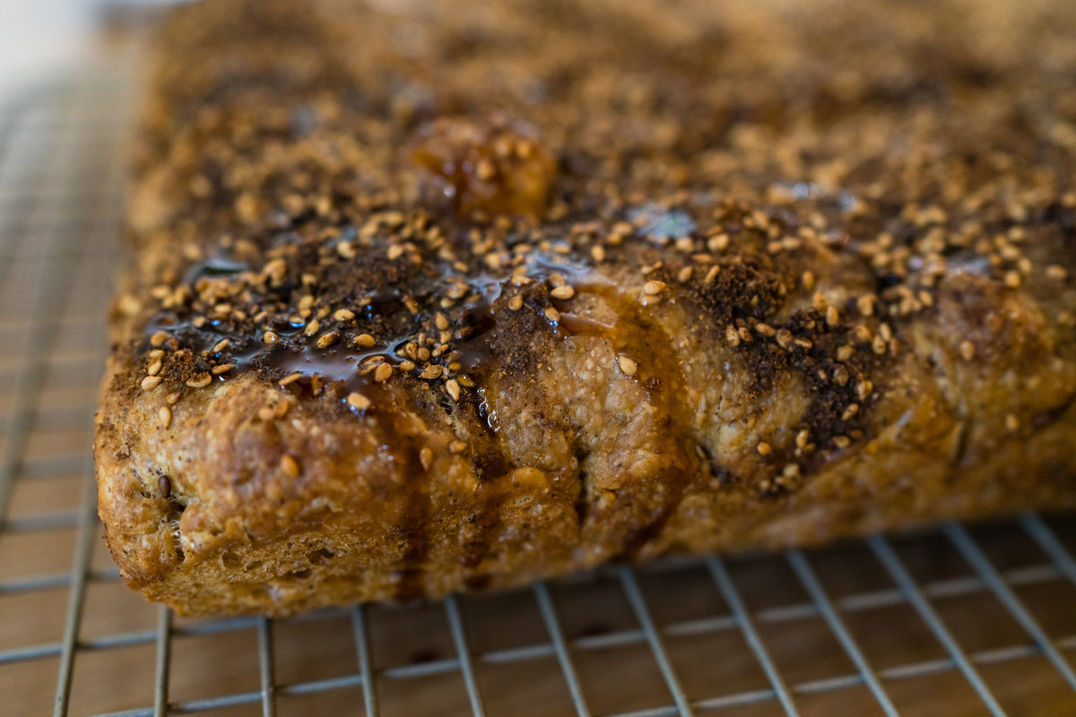 Zaatar focaccia bread with pomegranate molasses drizzle