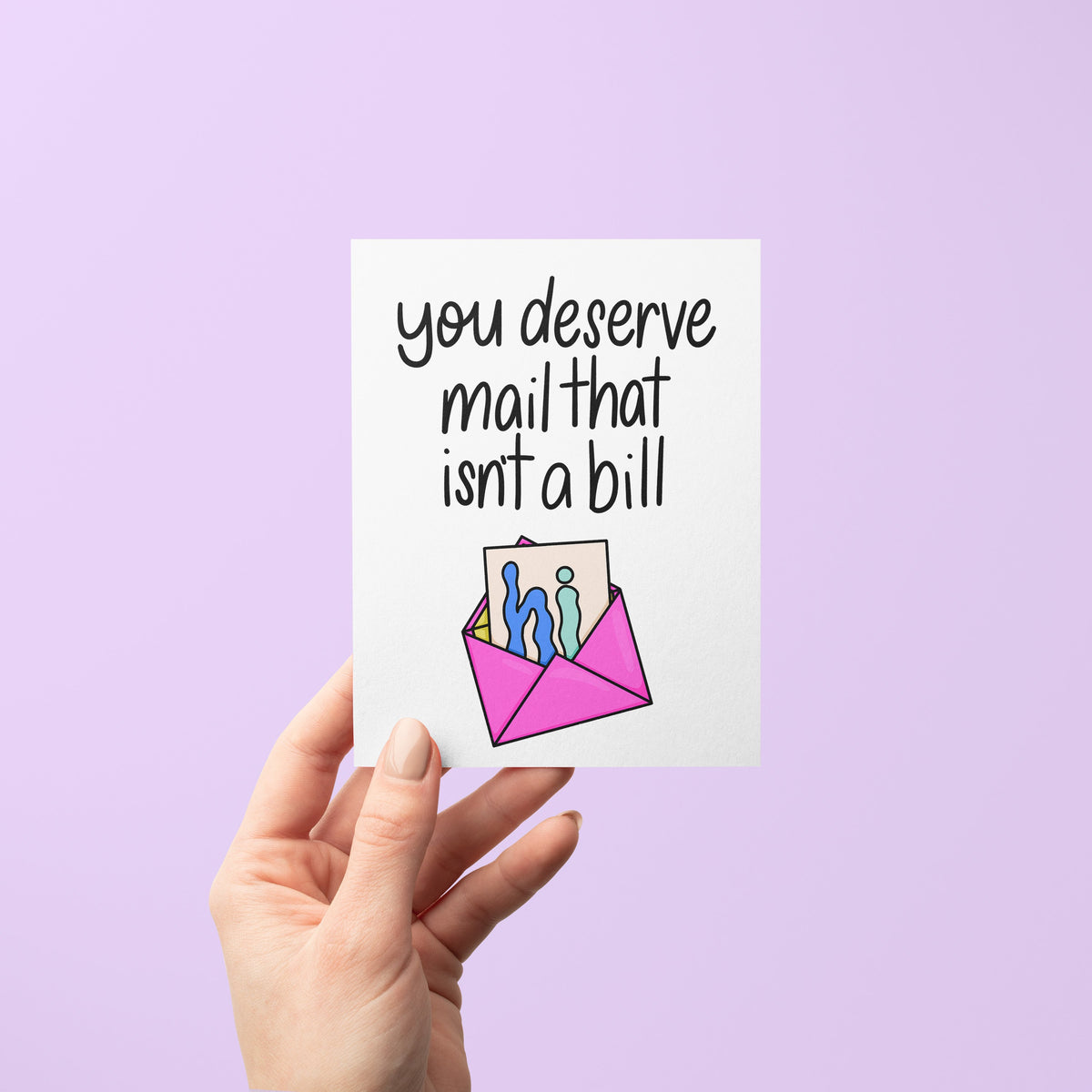 Happy Mail Just Because Friendship Card flat lay — illustrated happy mail and pen pal card by indie artist MangoIllustrated