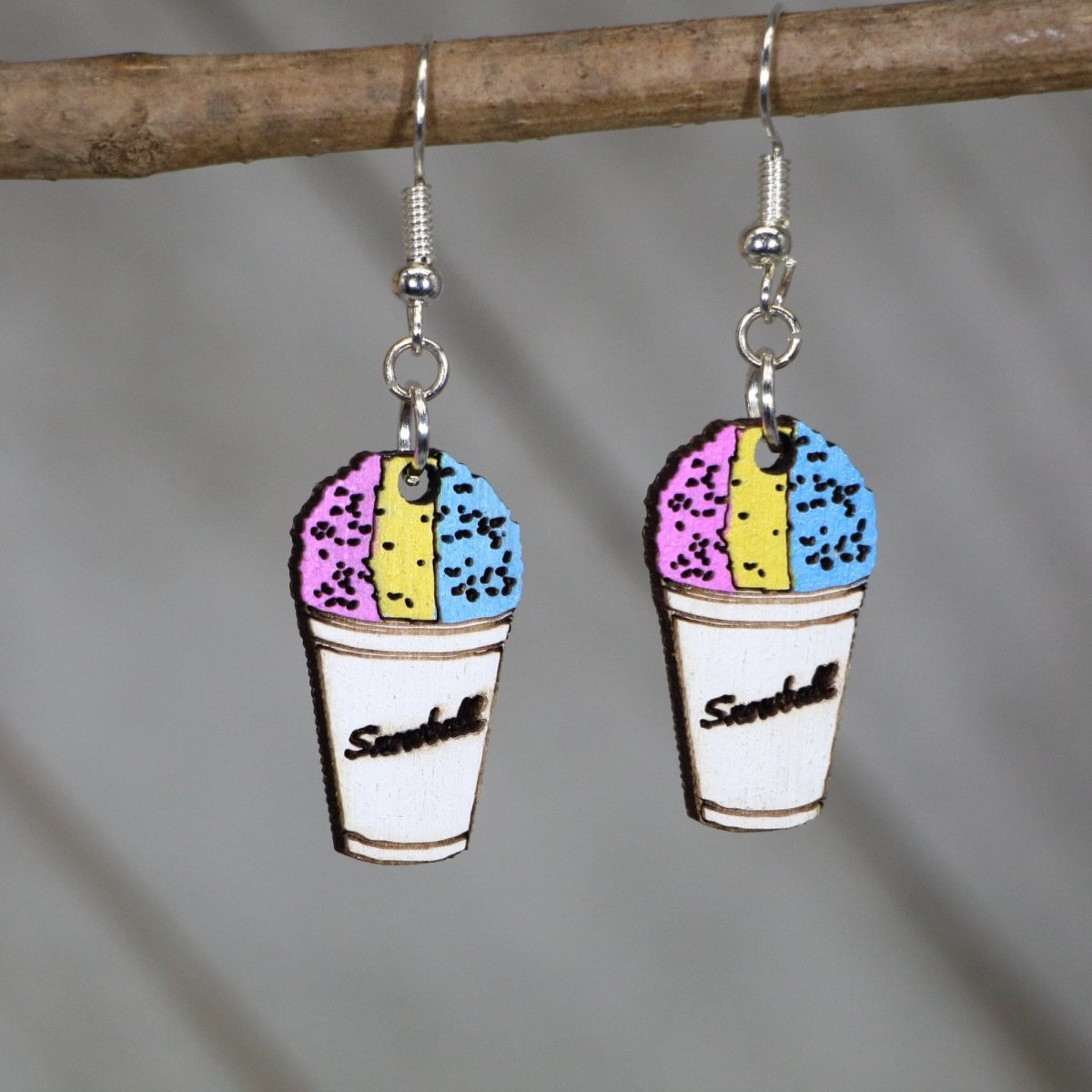 Hand-painted wooden Mardi Gras snowball dangle earrings with New Orleans dessert design and hypoallergenic sterling silver hooks, lightweight snowball statement jewelry earrings for festival fun and Louisiana style