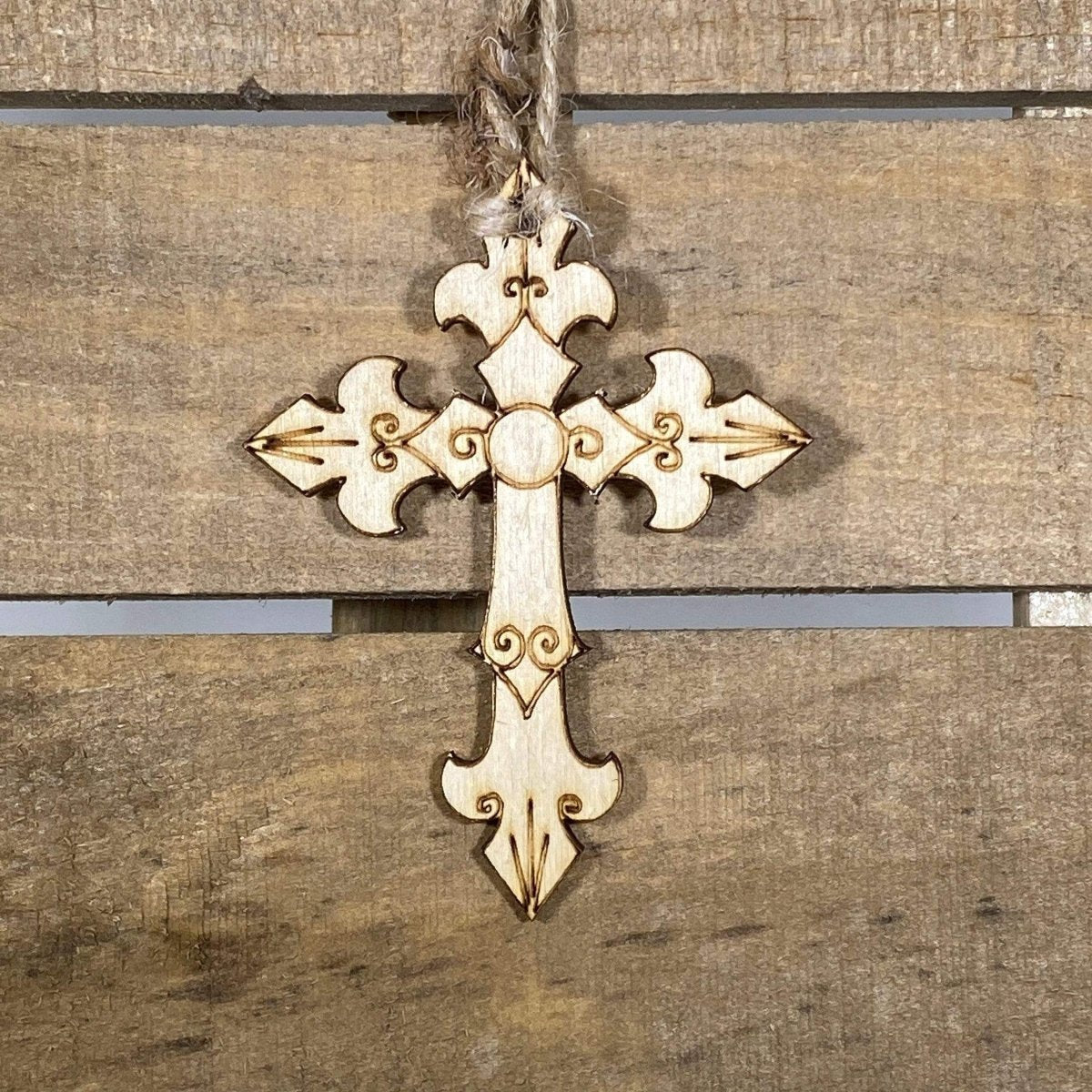 Hand-painted wooden medieval cross Christmas ornament featuring a detailed historic cross design with classic Christian symbolism, meaningful holiday decor for faith-based homes and religious celebrations by Cate’s Concepts