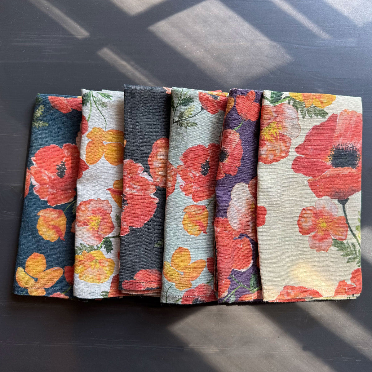 European Linen napkins in an Ember Poppies pattern in 6 different colors