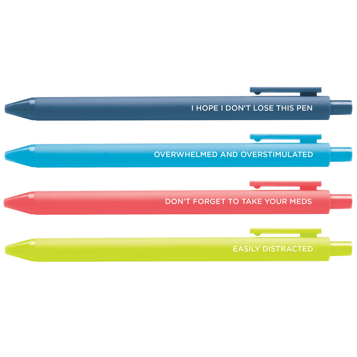 Neurospicy ADHD Pen Set — 4 jotter pens for neurodivergent people by MangoIllustrated