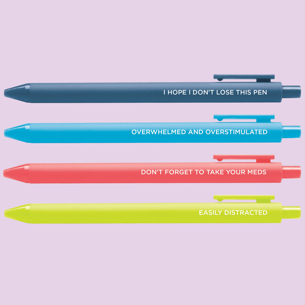Neurospicy Pen Set detail — 4 ADHD and neurodivergent jotter pens by MangoIllustrated