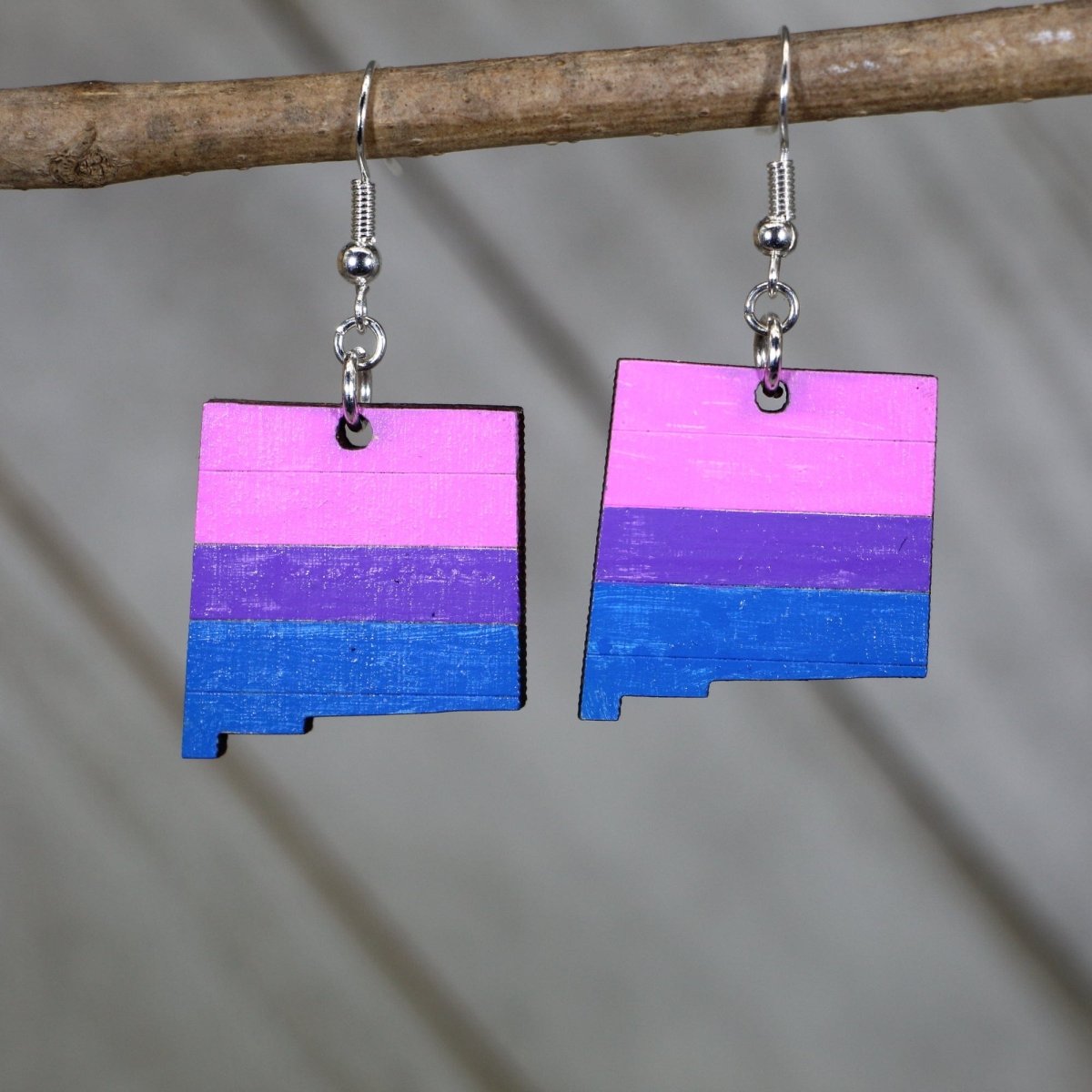 Hand-painted wooden New Mexico bisexual pride dangle earrings with bi flag inspired state design and hypoallergenic sterling silver hooks, lightweight LGBTQ statement jewelry earrings for New Mexico pride and inclusive style