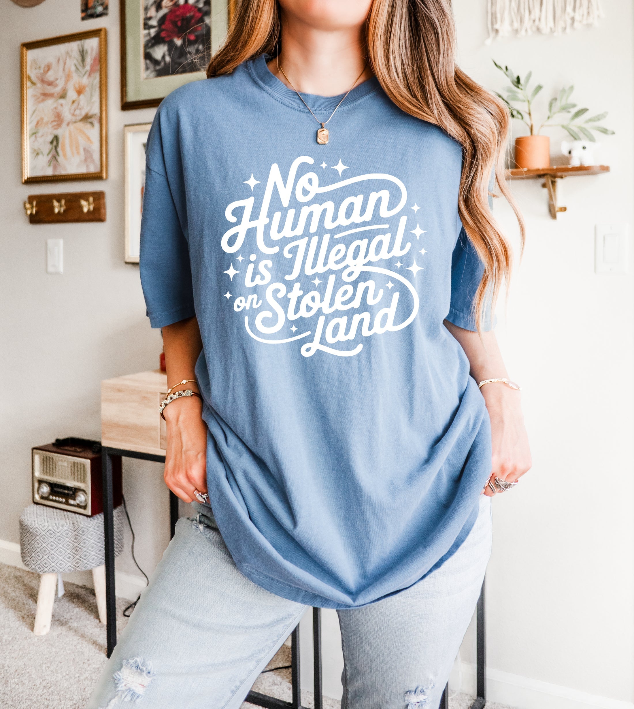 No Human Is Illegal on Stolen Land Graphic Tee