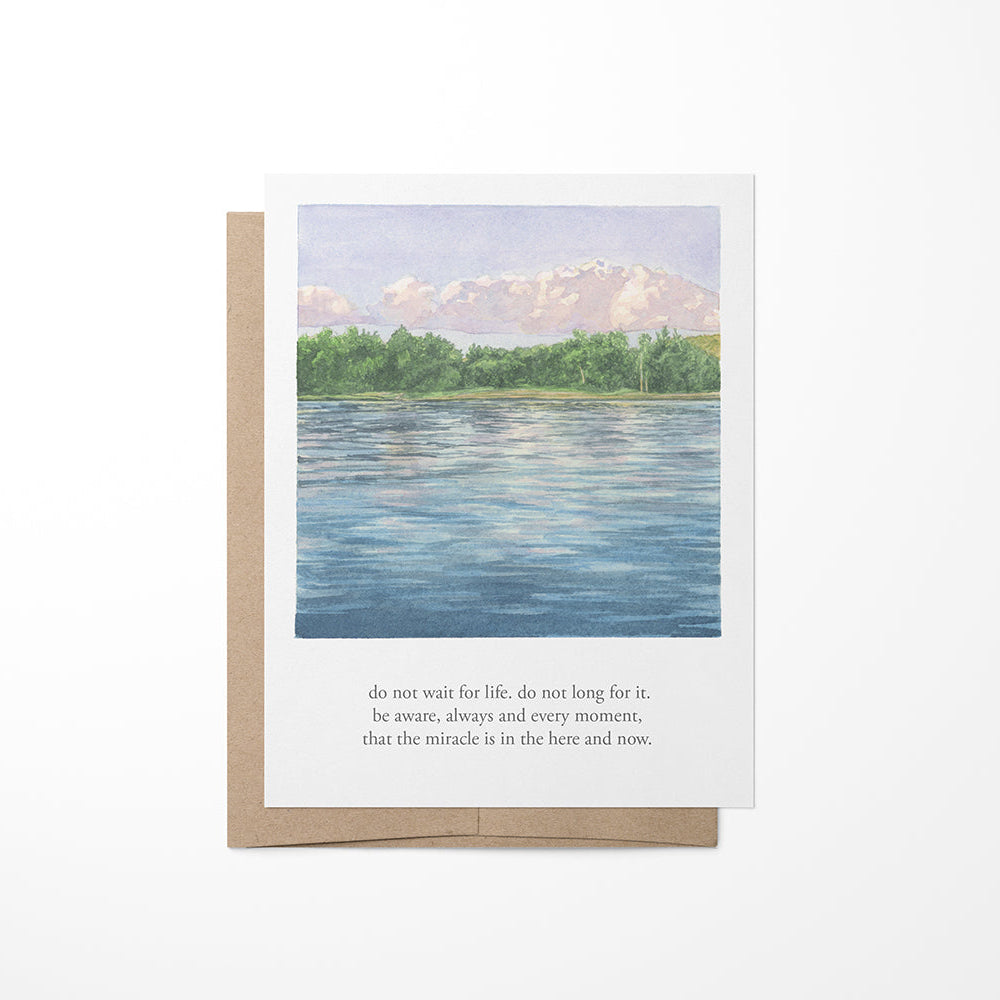 Greeting card with a watercolor landscape painting of Schroon Lake with a quote and a brown Kraft envelope