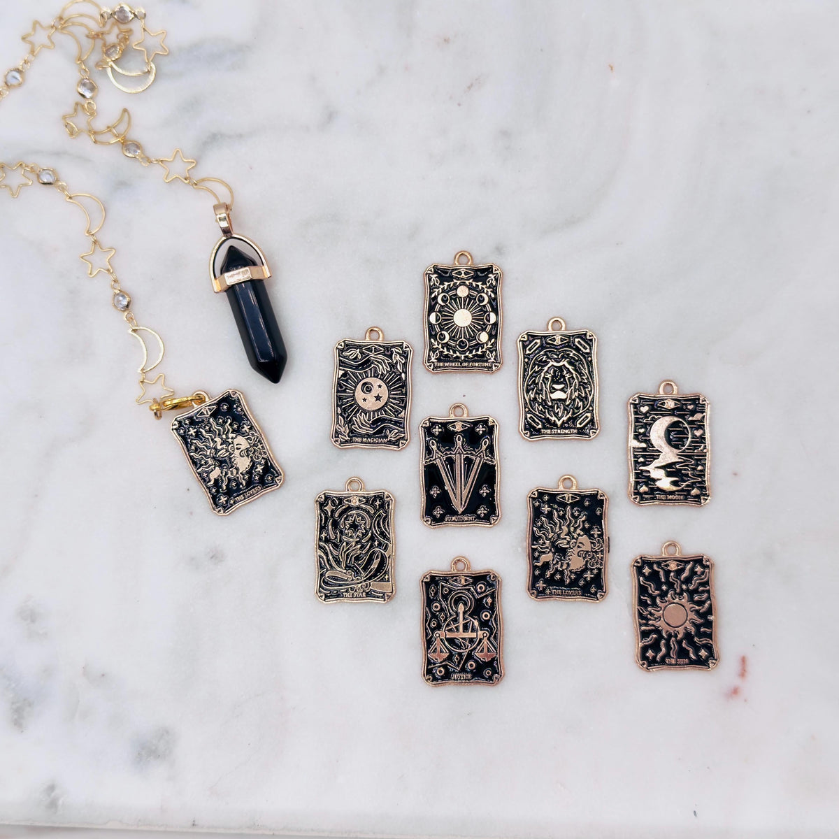 Obsidian Pendulum Stars and Moon Chain with 3 Tarot Charms Past-Present-Future Reading