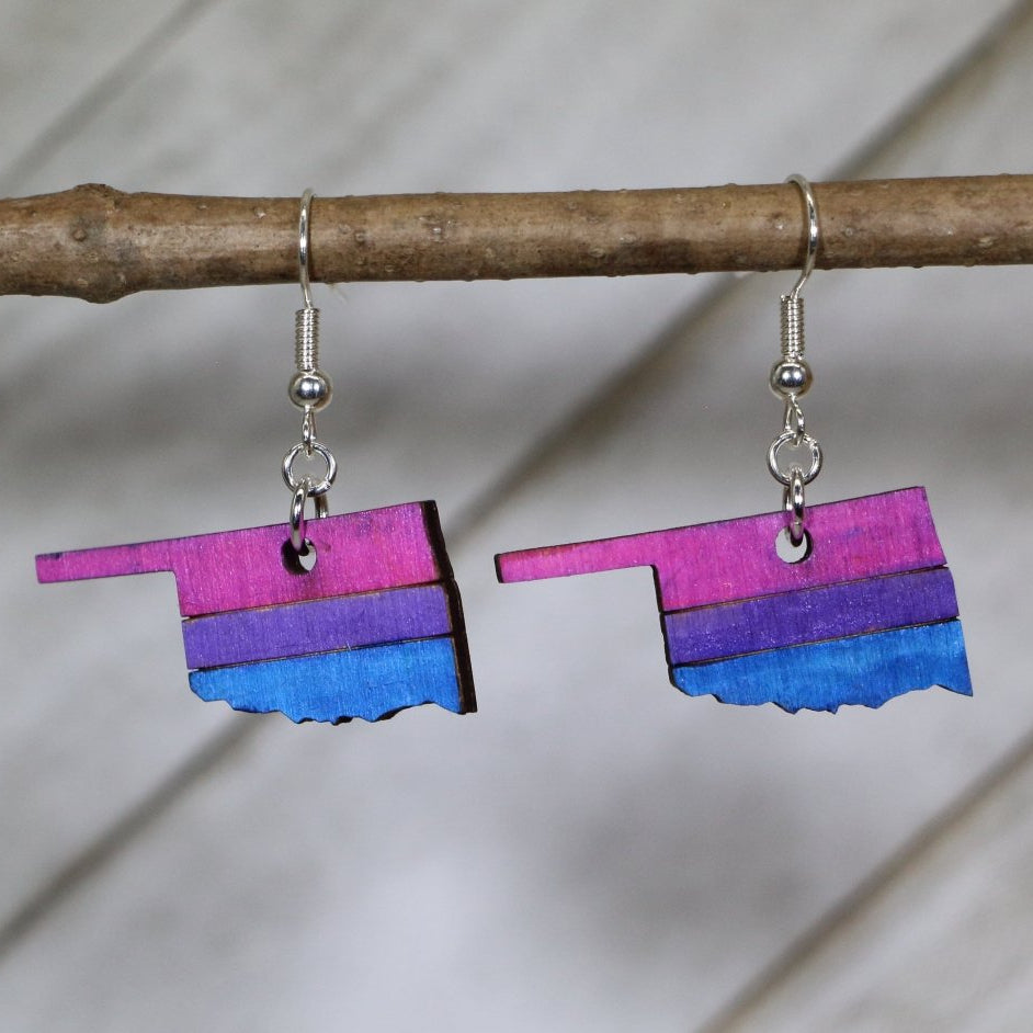 Hand-painted wooden Oklahoma bi pride dangle earrings with bisexual pride inspired state design and hypoallergenic sterling silver hooks, lightweight LGBTQ statement jewelry earrings for Oklahoma pride and inclusive style