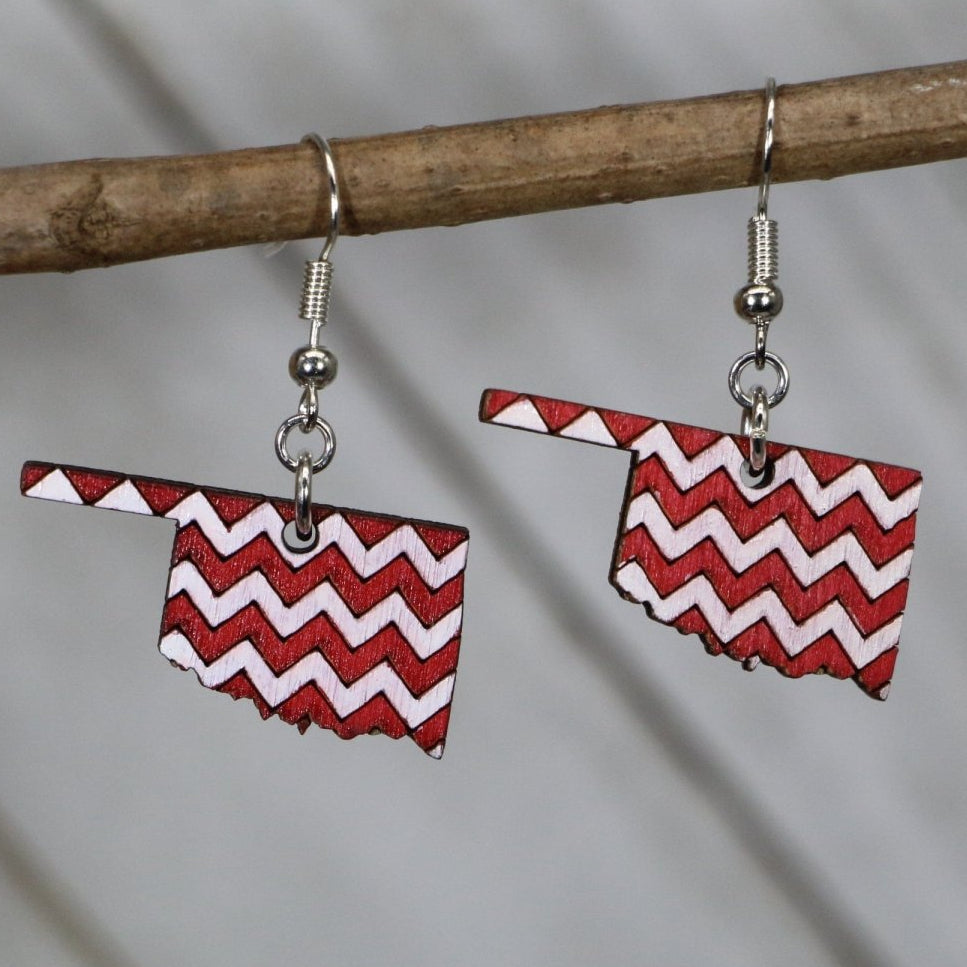 Hand-painted wooden Oklahoma chevron dangle earrings with bold red white state design and hypoallergenic sterling silver hooks, lightweight Oklahoma statement jewelry earrings for patriotic pride and southern style