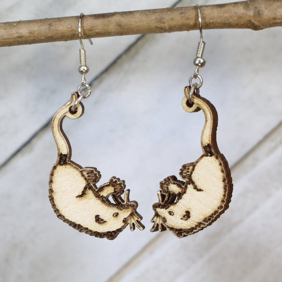 Hand-painted wooden opossum dangle earrings with cute woodland animal design and hypoallergenic sterling silver hooks, quirky nature lover statement jewelry earrings