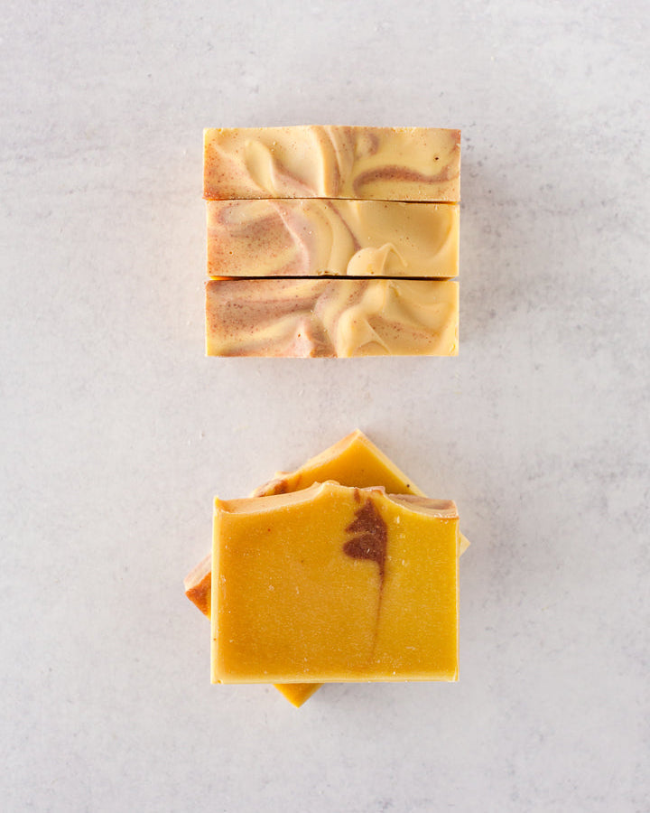 Orange Patchouli handmade soap bar with natural texture and creamy lather