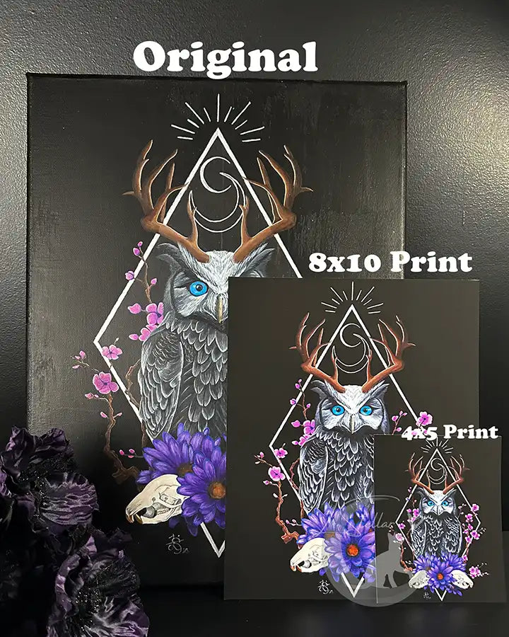 Sacred Owl Art Print: Gothic Forest, Cryptid Dark Fantasy Animal Acrylic Painting
