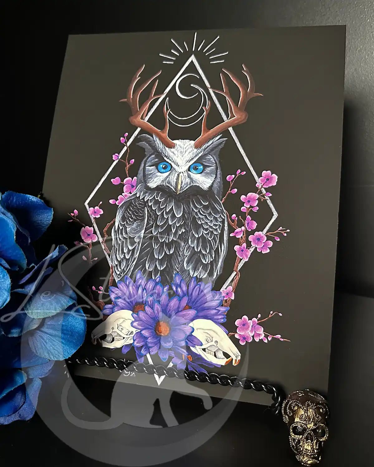Sacred Owl Art Print: Gothic Forest, Cryptid Dark Fantasy Animal Acrylic Painting