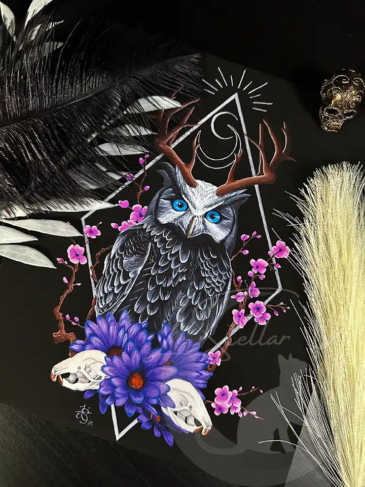 Sacred Owl Art Print: Gothic Forest, Cryptid Dark Fantasy Animal Acrylic Painting