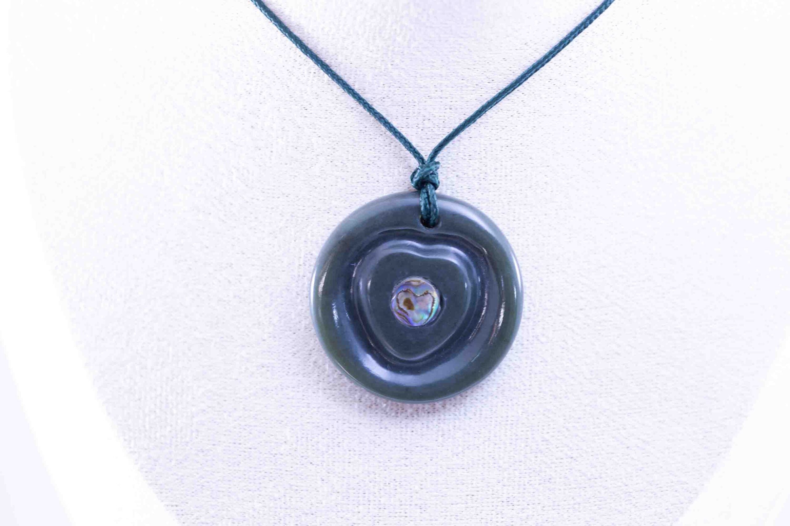 Olive Green Jade Pendant Handcarved from Wyoming Jade with Abalone Inlay on Paracord with Accent Beads (Measures 35x5mm)