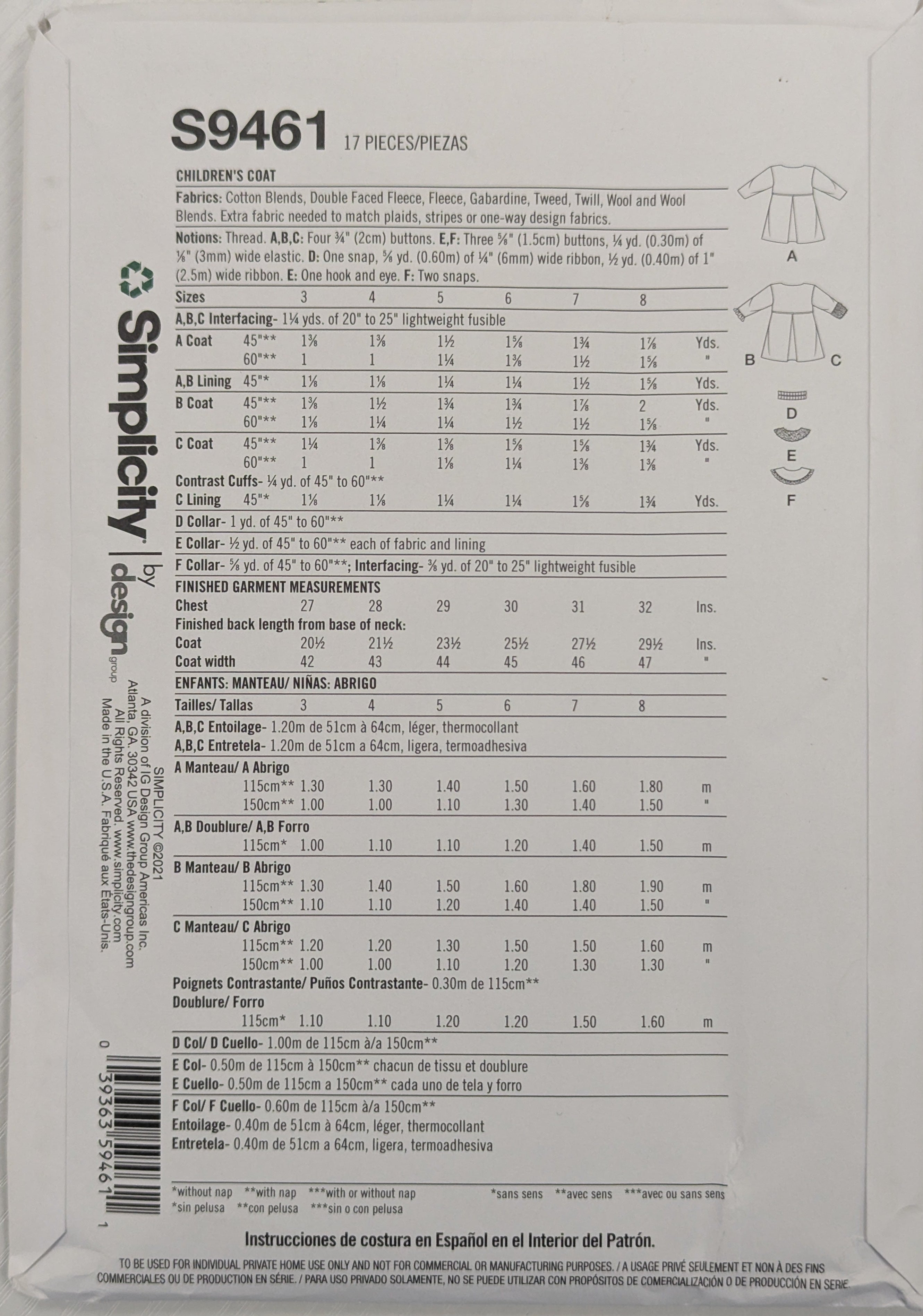 S9461 Kids Coat Sewing pattern