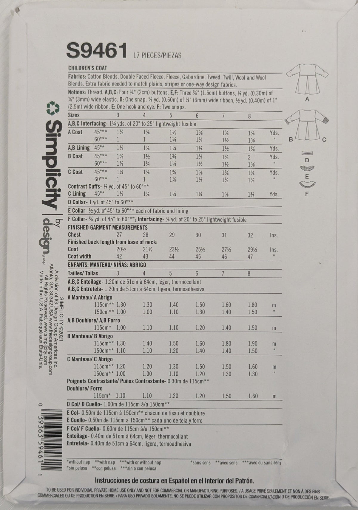S9461 Kids Coat Sewing pattern