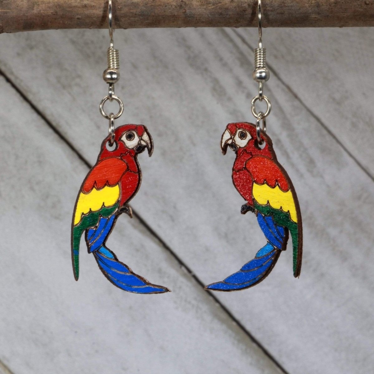 Hand-painted wooden parrot dangle earrings with vibrant tropical bird design and hypoallergenic sterling silver hooks, lightweight parrot statement jewelry earrings for beach lovers and exotic style
