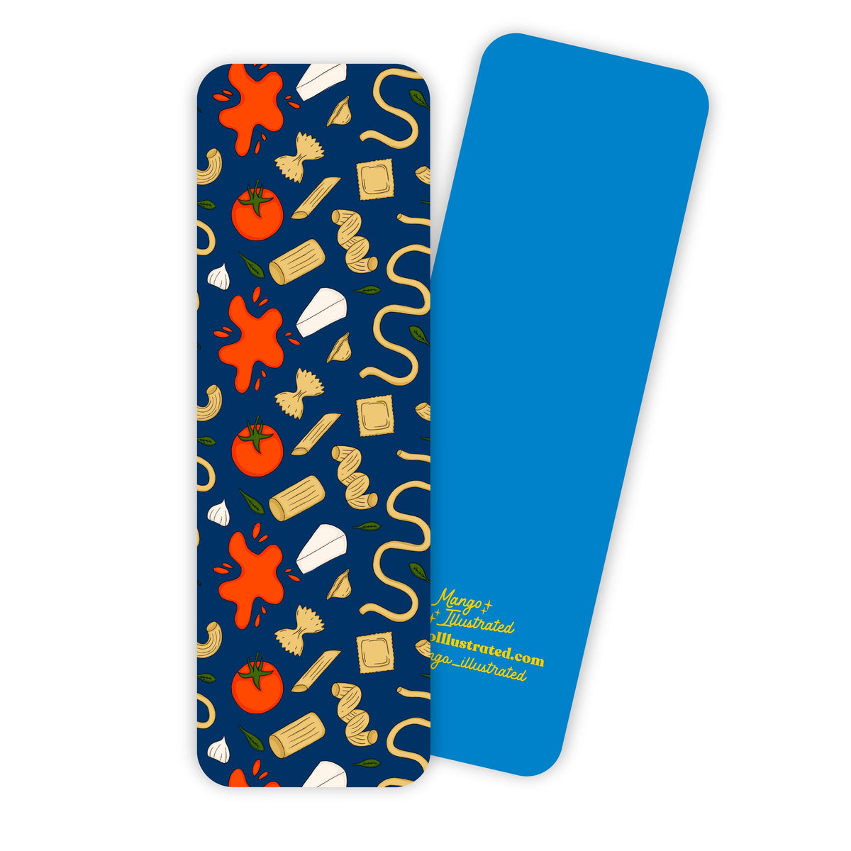 Pasta bookmark — hand drawn pasta, tomatoes, garlic, cheese, and basil pattern, 2 x 6 in soft touch matte bookmark, by MangoIllustrated