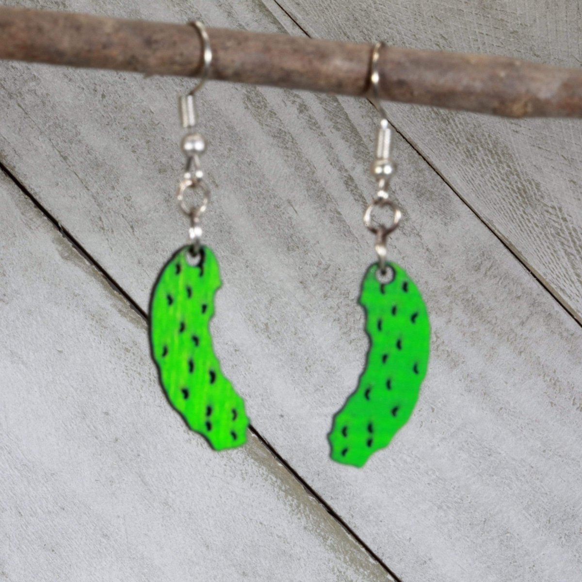 Hand-painted wooden pickle dangle earrings with quirky food lover design and hypoallergenic sterling silver hooks, lightweight pickle statement jewelry earrings for foodie humor and playful style