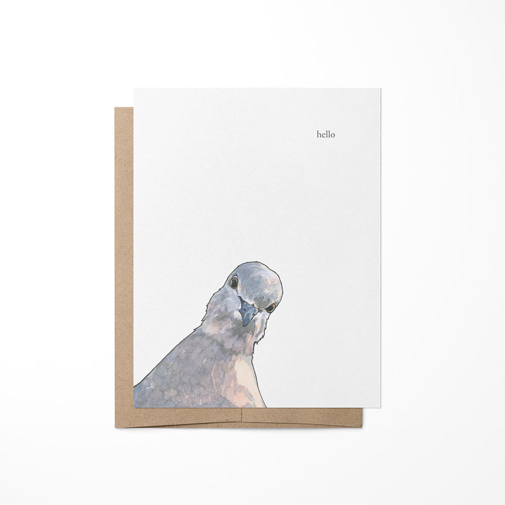 A greeting card featuring a watercolor painting of a pigeon on the front cover, with a blank inside and a kraft envelope.
