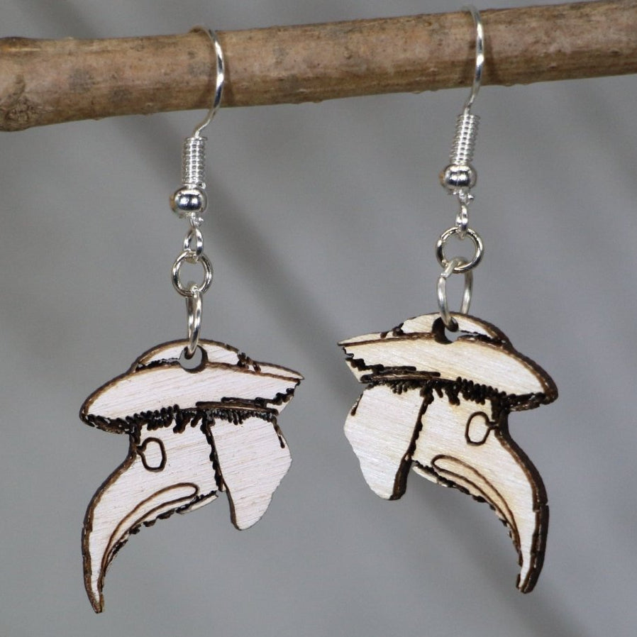 Hand-painted wooden plague doctor mask dangle earrings with gothic medieval design and hypoallergenic sterling silver hooks, lightweight plague doctor statement jewelry earrings for dark aesthetic style