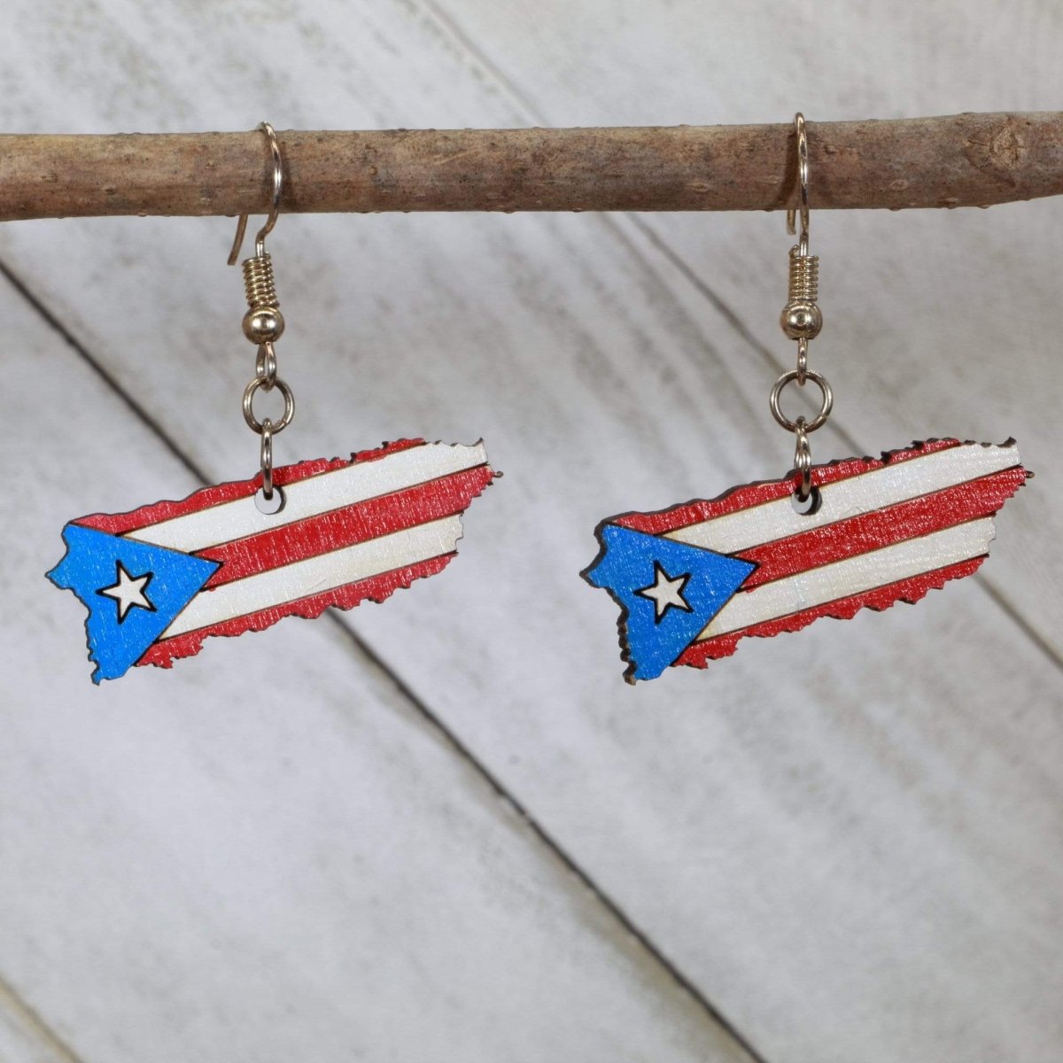 Hand-painted wooden Puerto Rico island dangle earrings with Caribbean travel design and hypoallergenic sterling silver hooks, lightweight island statement jewelry earrings for beach lovers and Puerto Rican pride
