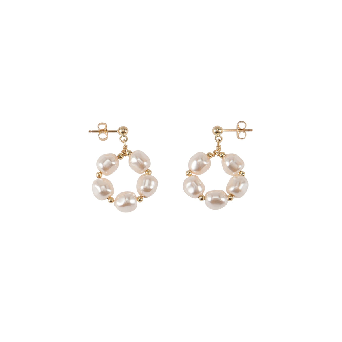 Handmade Maasai beadwork gold and Swarovski pearl circle earrings by Sidai Designs, ethical artisan jewelry brand, Tanzania