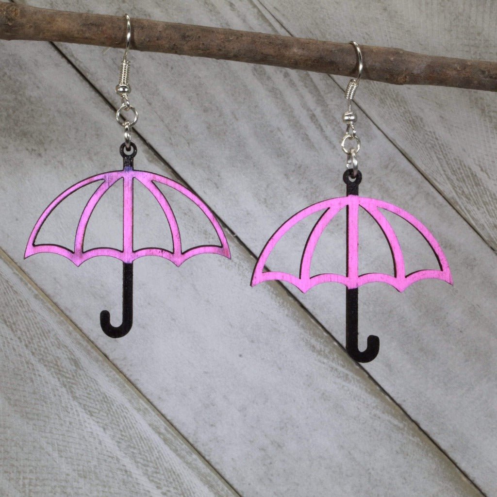 Hand-painted wooden rainy day umbrella dangle earrings with weather-inspired design and hypoallergenic sterling silver hooks, lightweight umbrella statement jewelry earrings for cozy, whimsical, and rainy day style