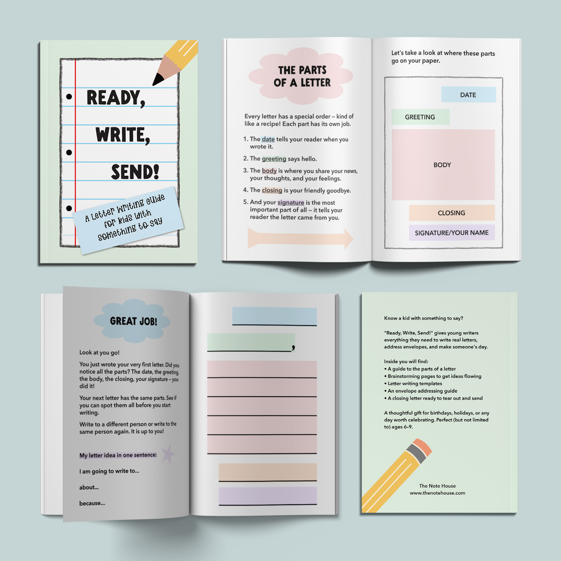 Open book with educational content on letter writing on a light blue background