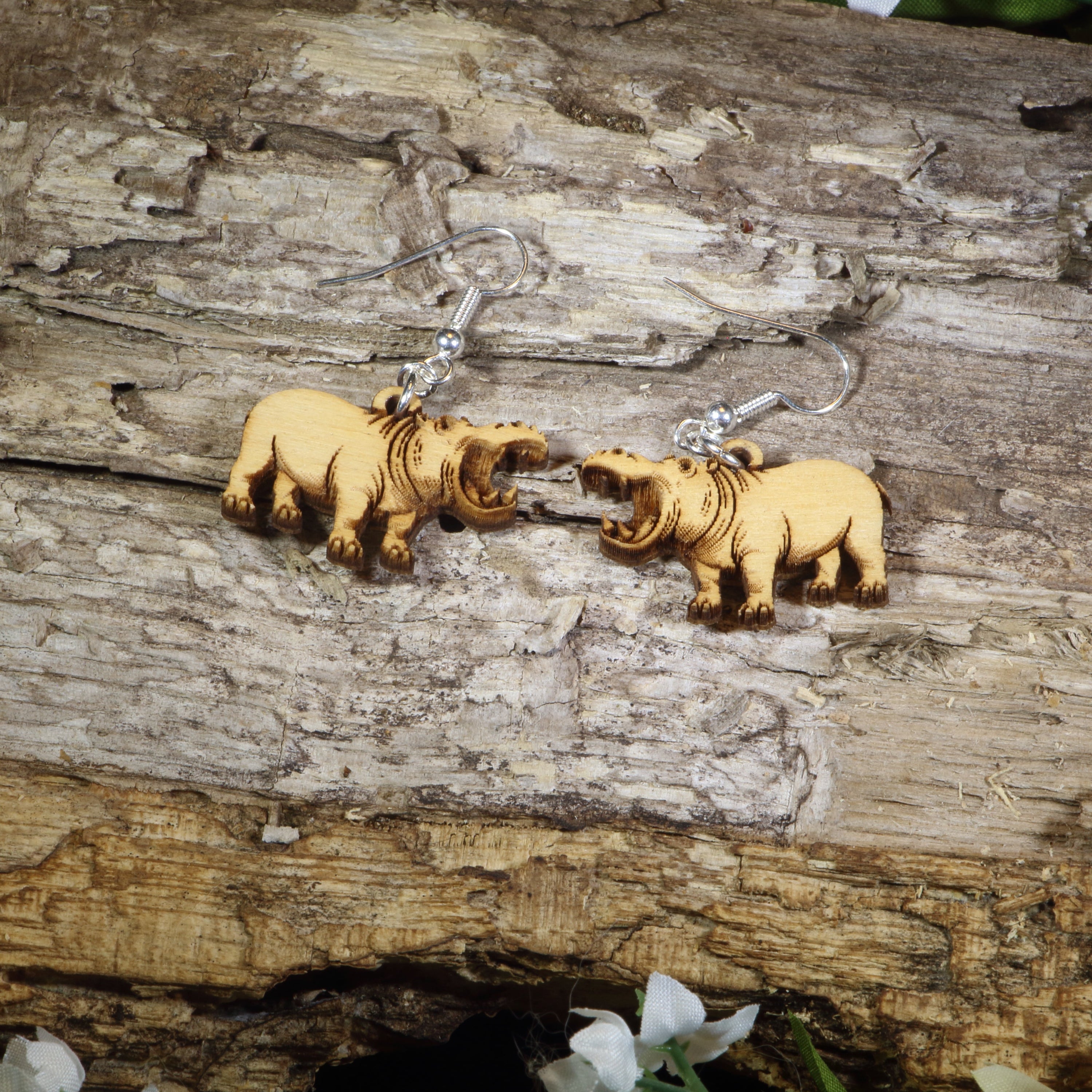 Hand-painted wooden hippopotamus dangle earrings featuring realistic hippo artwork with open mouths, hypoallergenic sterling silver hooks, and lightweight wildlife animal jewelry for zoo lovers, safari enthusiasts, and hippo fans by Cate&