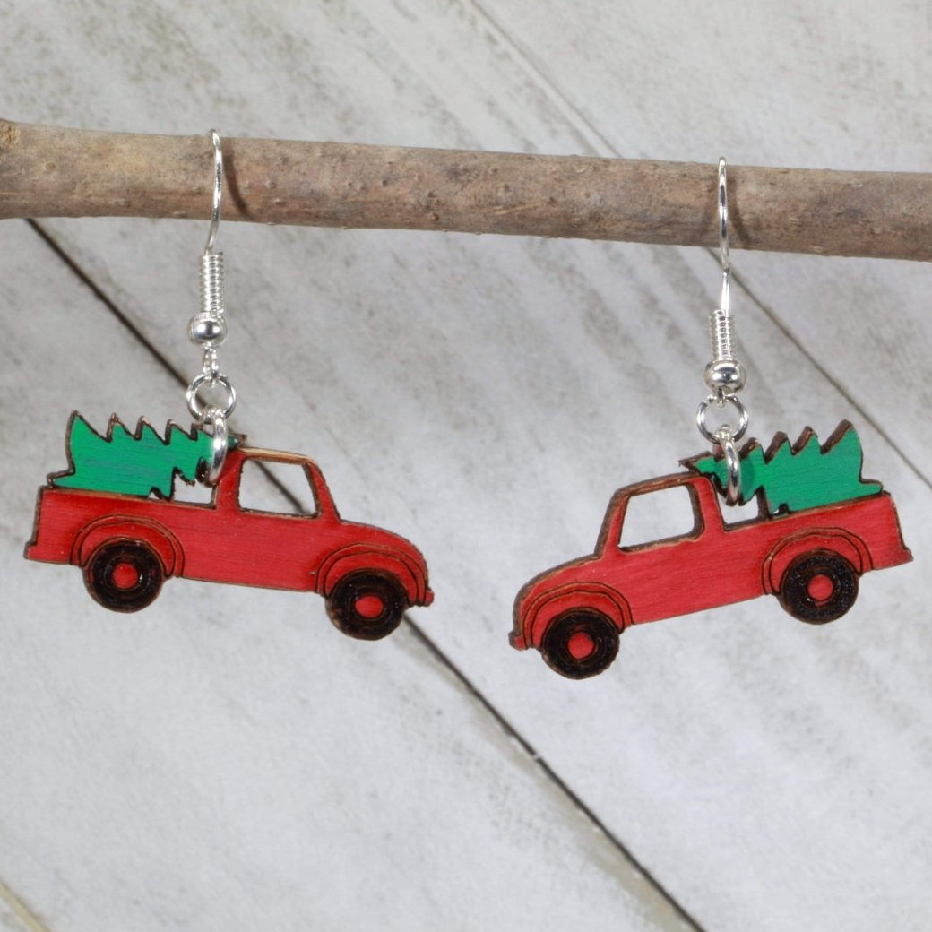 Hand-painted wooden red truck with Christmas tree dangle earrings with festive holiday design and hypoallergenic sterling silver hooks, farmhouse Christmas jewelry earrings for winter holiday style