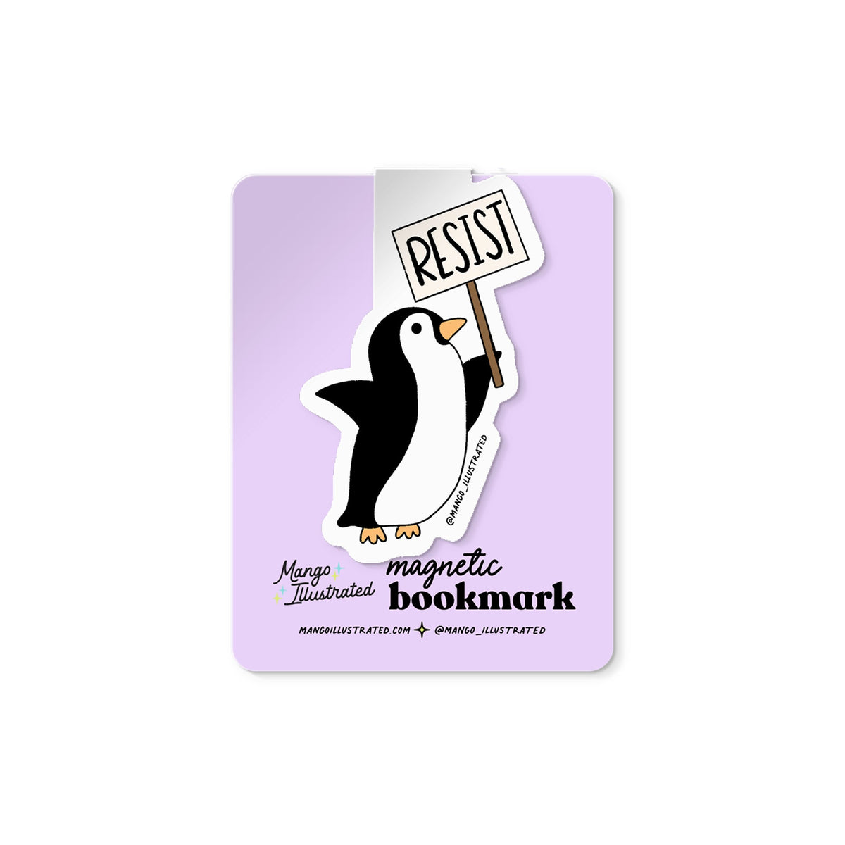 Protesting Penguin magnetic bookmark — illustrated penguin holding a protest sign, 2.5 x 2 in, by MangoIllustrated