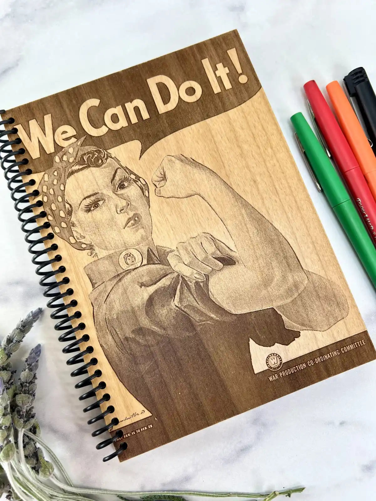 Rosie the Riveter Notebook with Lined Pages - Laser Engraved Wood