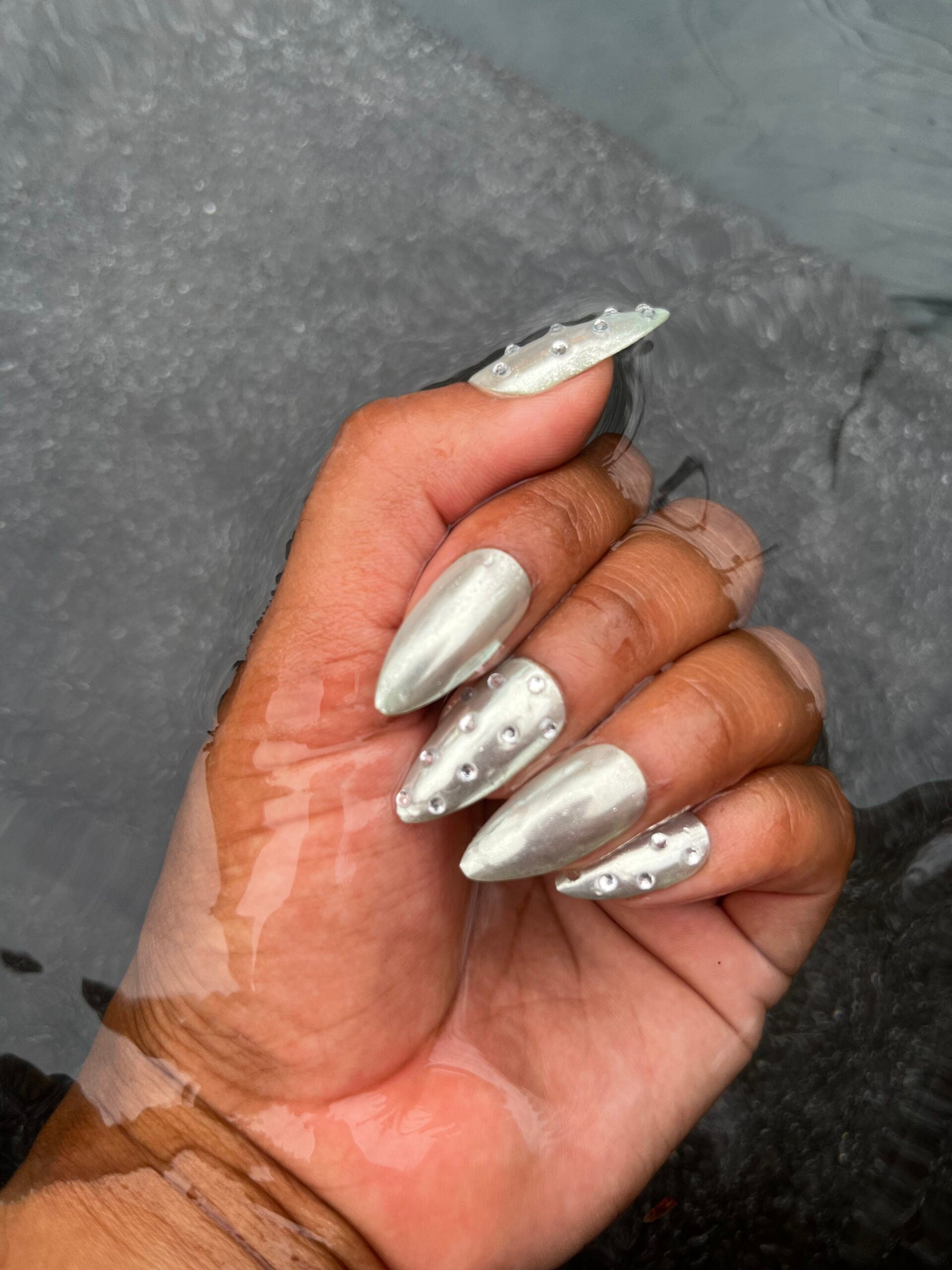 Pistachio Glazed Donut Nails - Sage Green and Rhinestone Pearl Chrome False Press-On Nail Extensions 10pcs