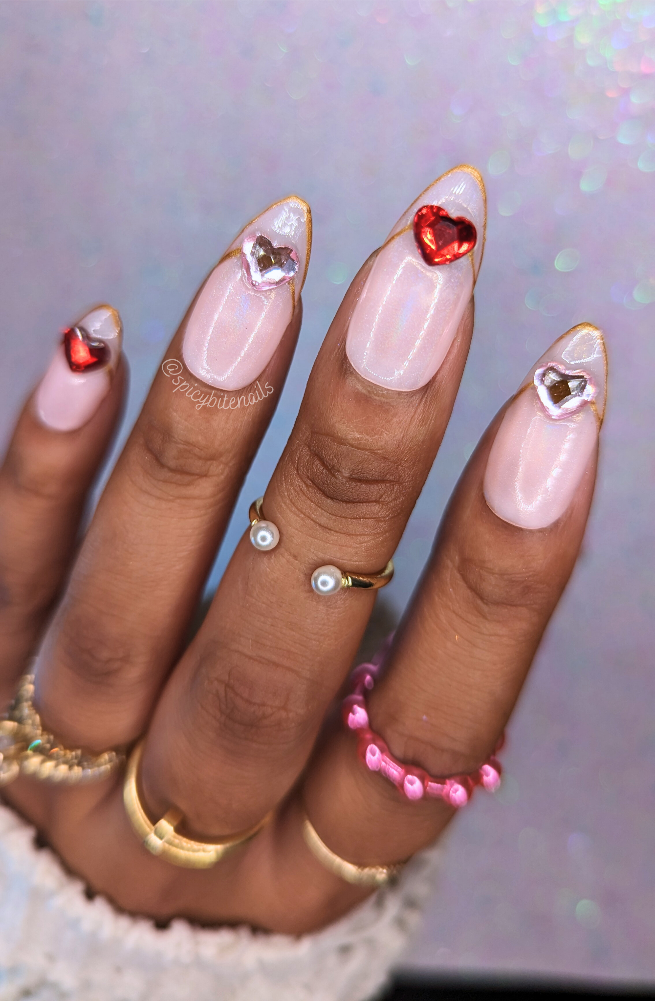 Ring of Hearts - Nude French Tip Red and Pink Rhinestone Valentine&