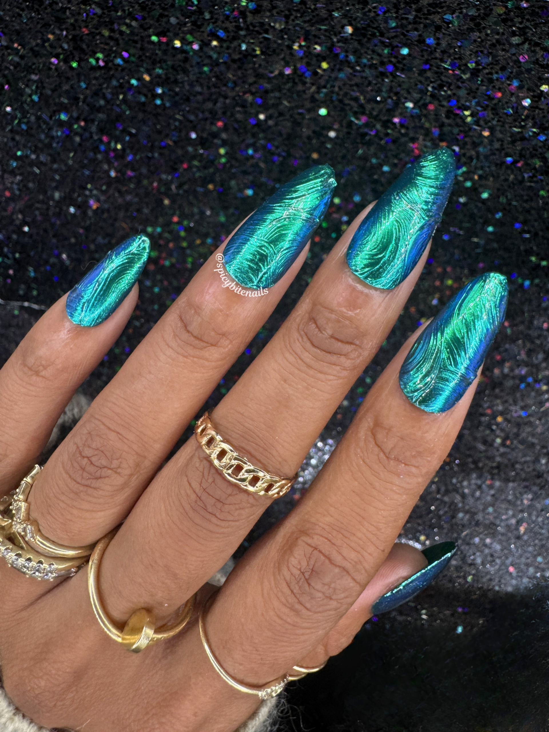 Tideglass - Textured Blue-Green Multi-shift Chrome Press-On Nail Extensions 10pcs