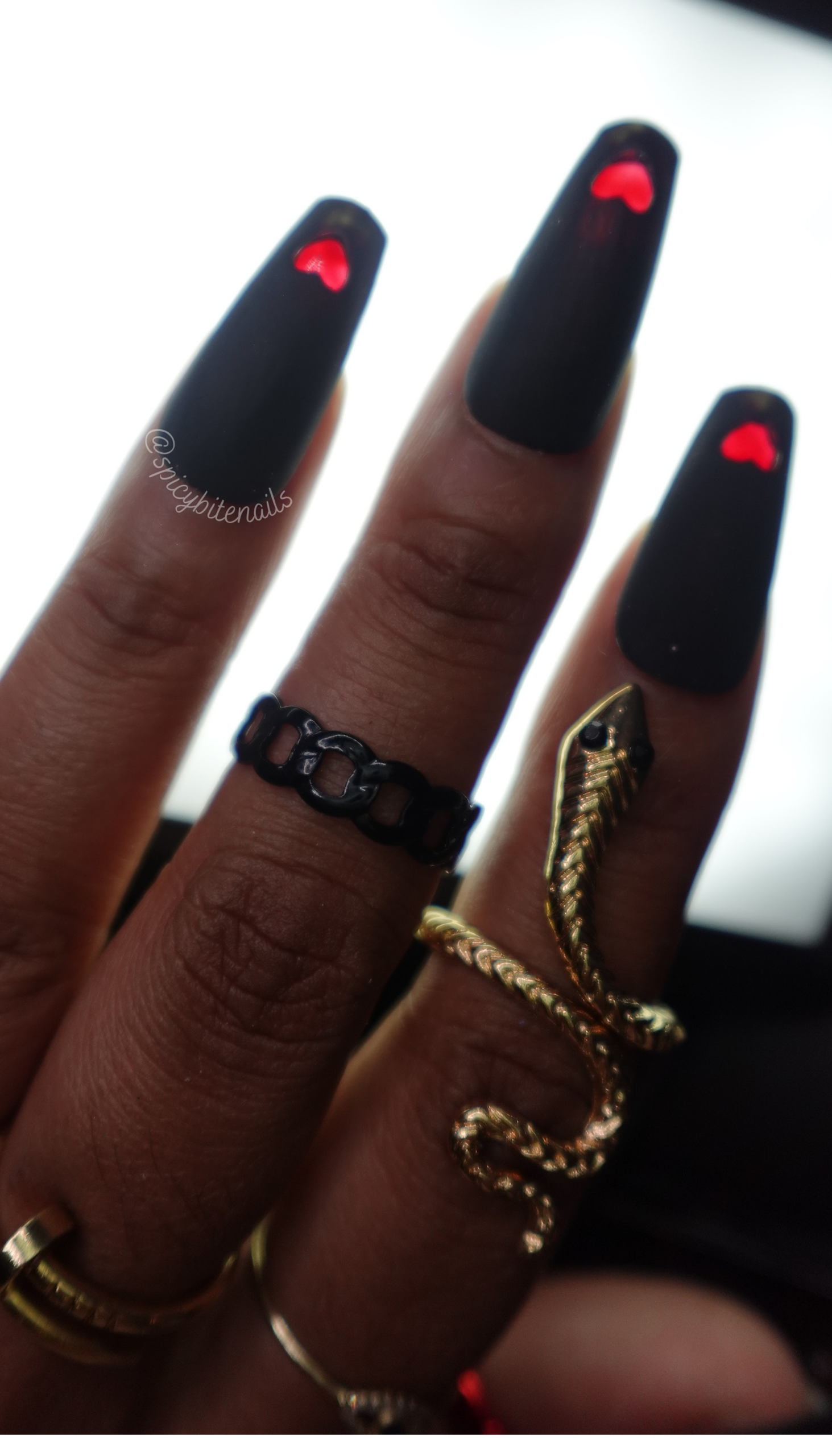 Window to My Heart - Black Matte Red Heart Cut-out Medium Coffin False Press-On Nail Extensions 10pcs