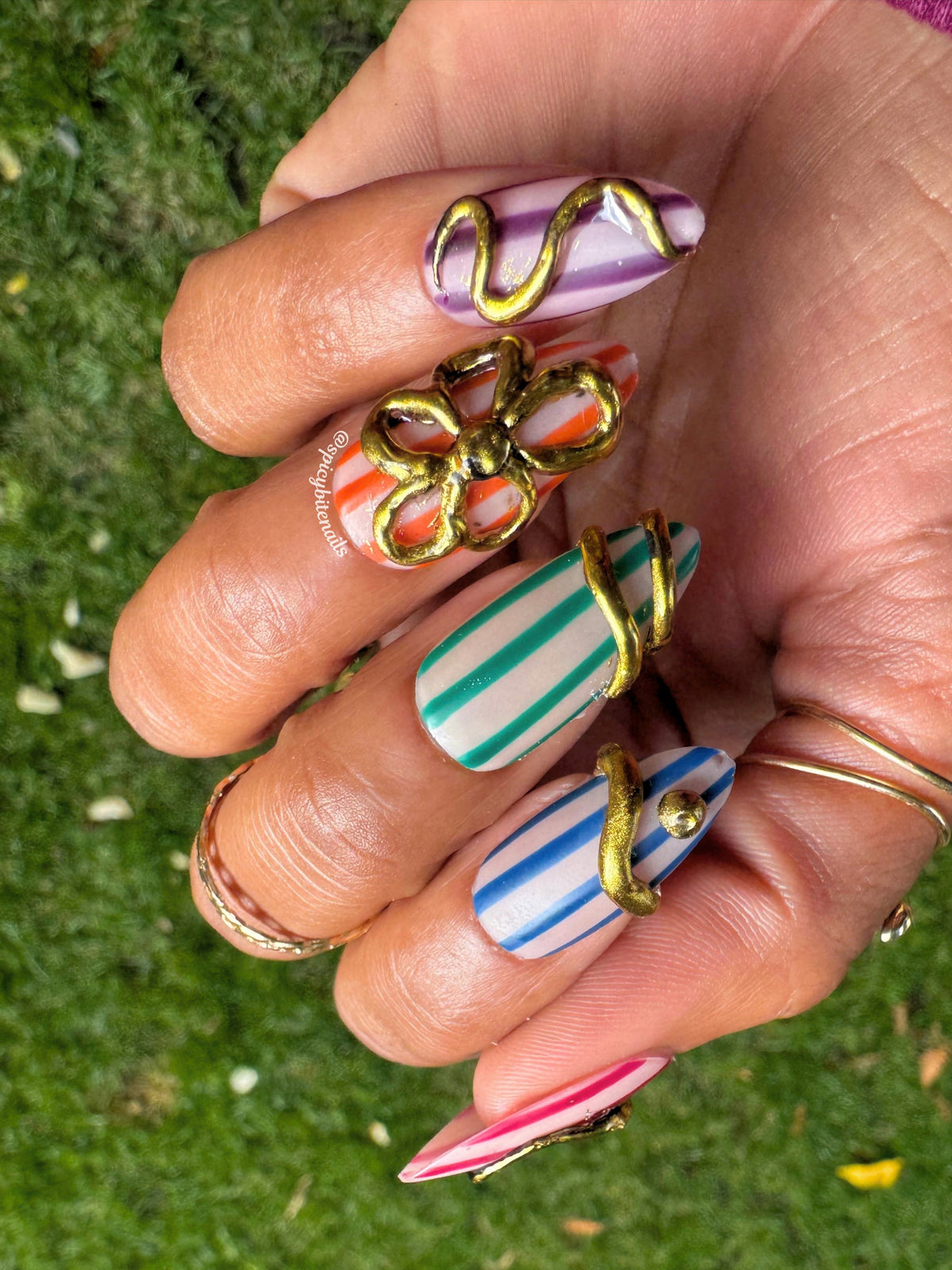 October Oasis – Muted Rainbow Stripe and 3D Gold Chrome Press-On Nails