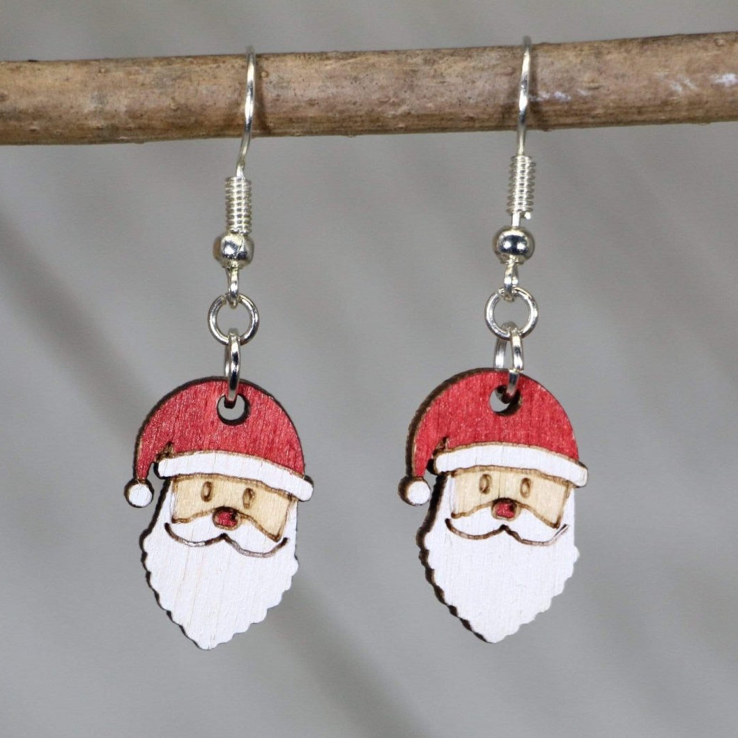 Hand-painted wooden Santa Claus dangle earrings with festive Christmas holiday design and hypoallergenic sterling silver hooks, lightweight Santa statement jewelry earrings for winter and holiday style