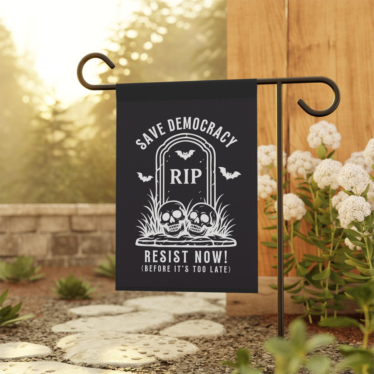 Halloween protest flag with tombstone, skulls, bats, and text “Save Democracy — Resist Now (Before It’s Too Late).”